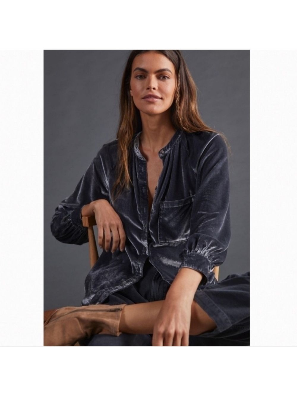 Anthropologie Pilcro Velvet Blouse Silver Gray XS - Picture 11 of 13
